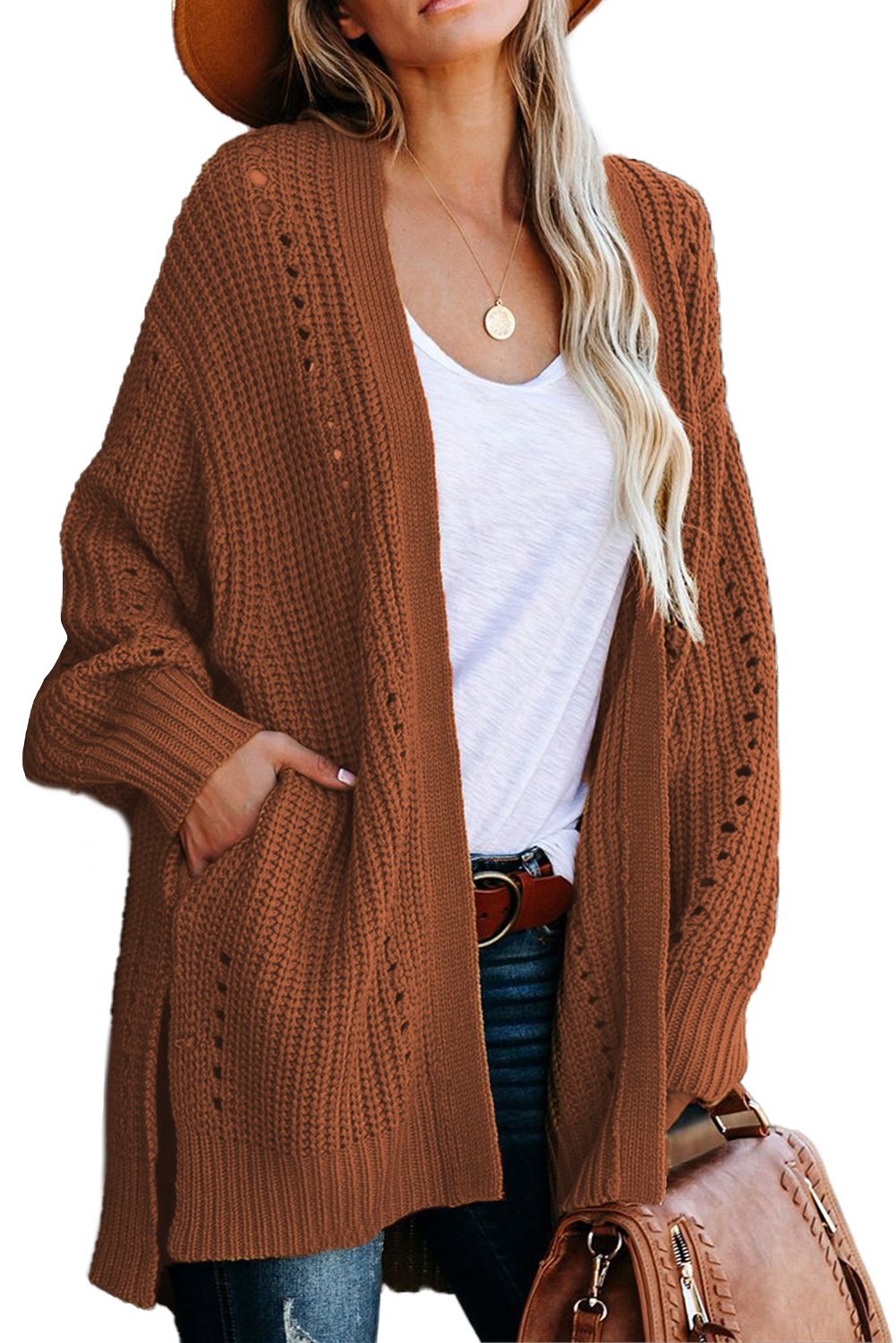 Wine Drop Sleeve Cable Knit Cardigan with Slits, featuring a classic cable knit design, open front, long sleeves, and side pockets in a rich wine color.