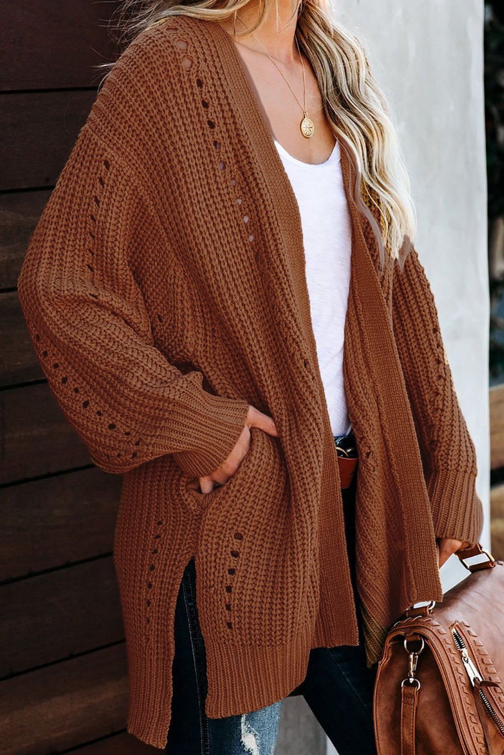 Wine Drop Sleeve Cable Knit Cardigan with Slits, featuring a classic cable knit design, open front, long sleeves, and side pockets in a rich wine color.