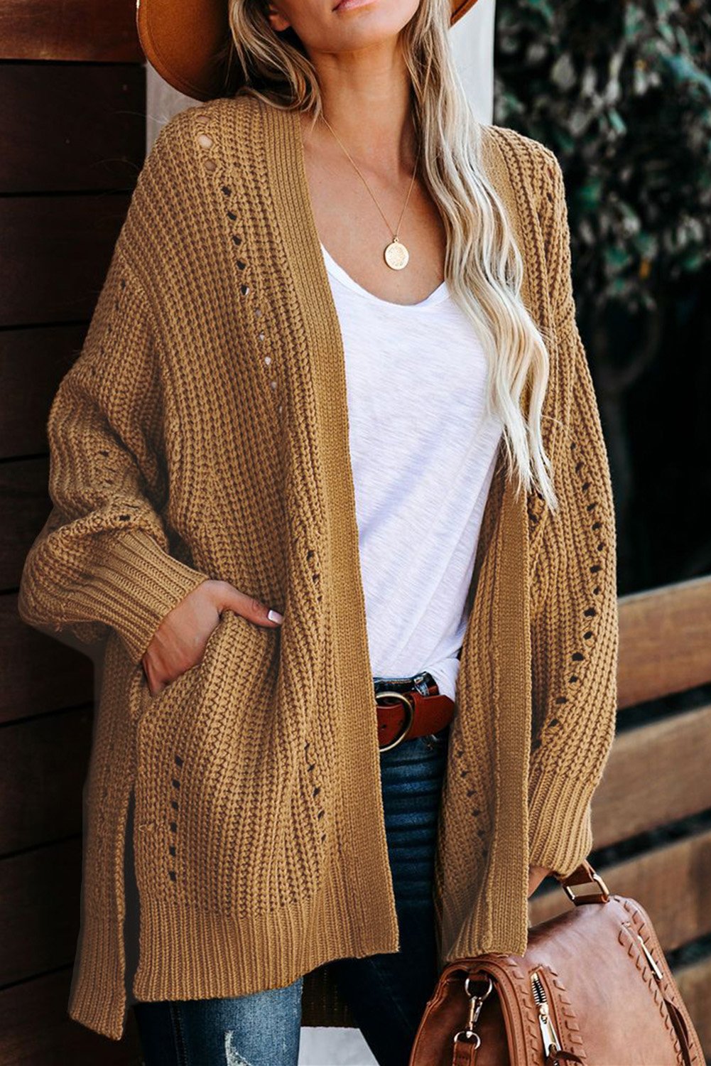 Wine Drop Sleeve Cable Knit Cardigan with Slits, featuring a classic cable knit design, open front, long sleeves, and side pockets in a rich wine color.