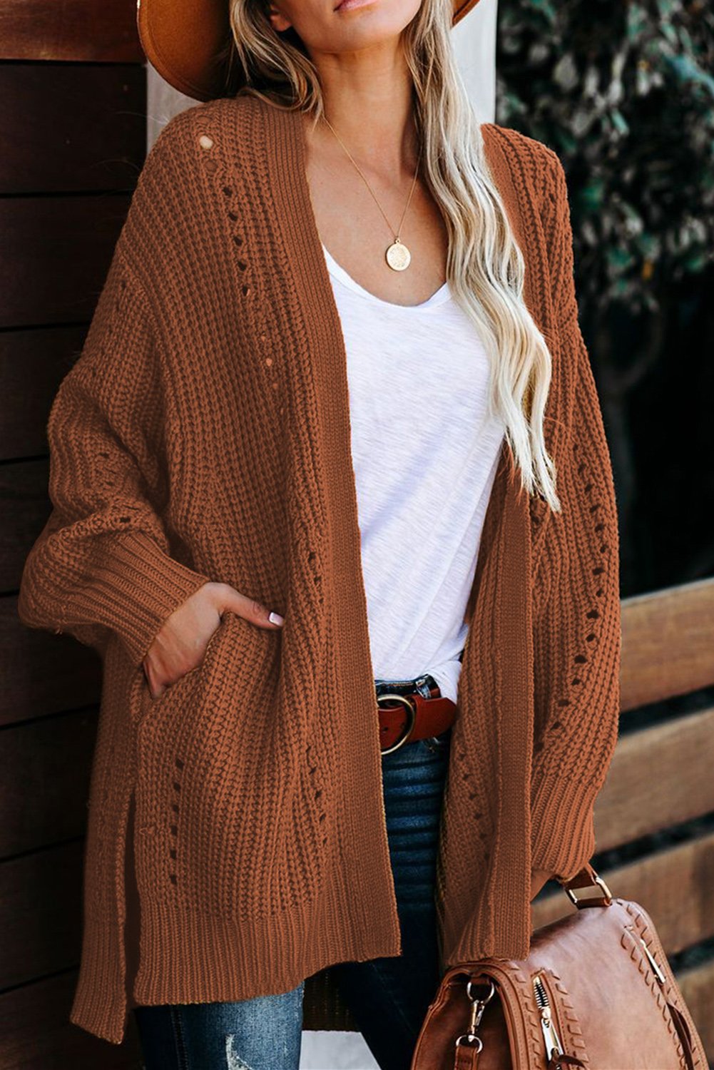 Wine Drop Sleeve Cable Knit Cardigan with Slits, featuring a classic cable knit design, open front, long sleeves, and side pockets in a rich wine color.