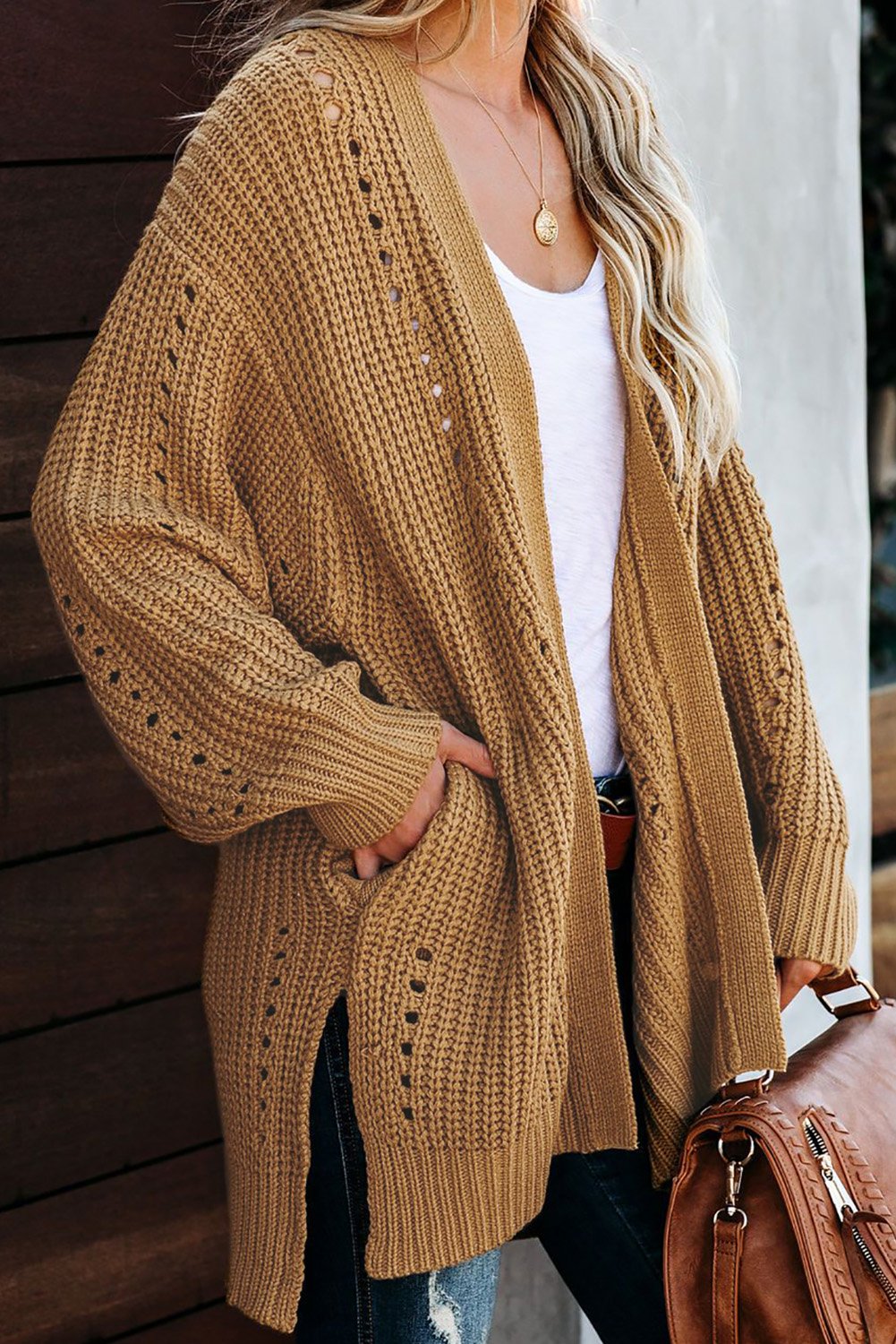 Wine Drop Sleeve Cable Knit Cardigan with Slits, featuring a classic cable knit design, open front, long sleeves, and side pockets in a rich wine color.