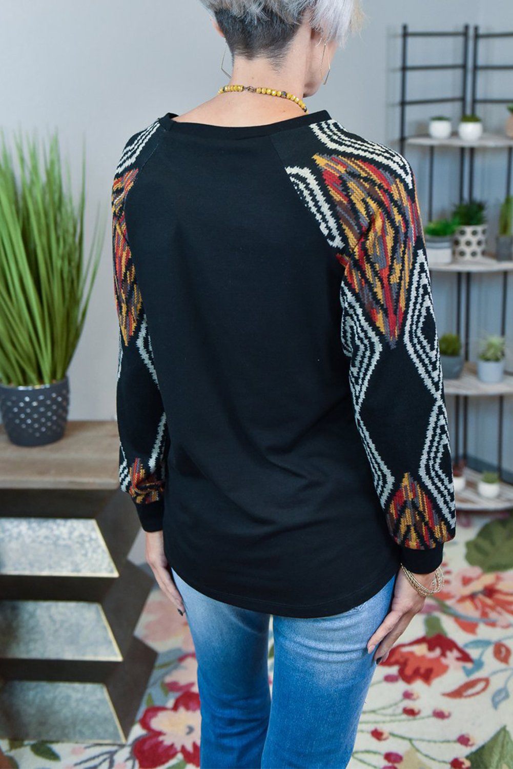 Wine Ethnic Print Raglan Top featuring ethnic print sleeves and round neck design, perfect for casual wear.