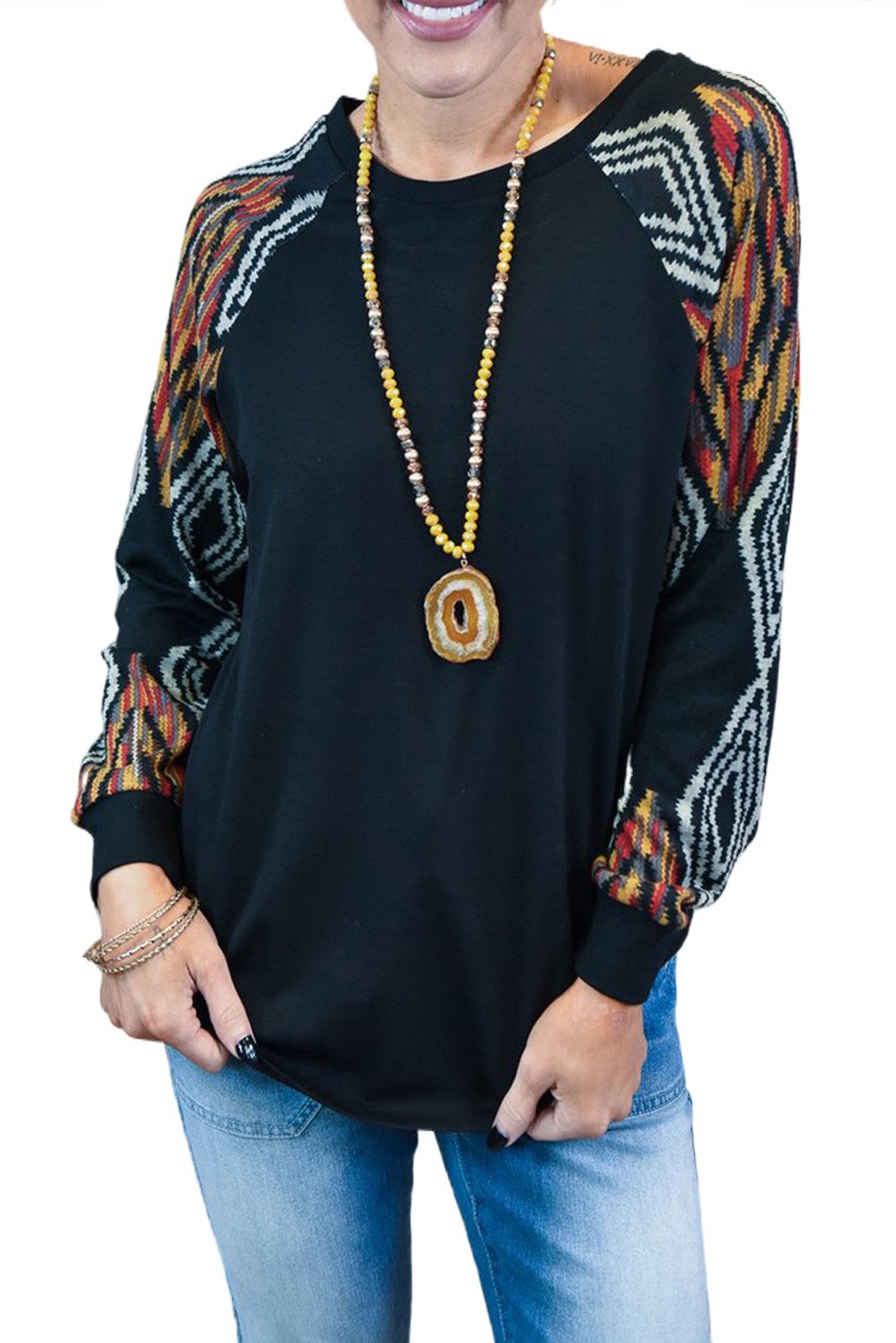 Wine Ethnic Print Raglan Top featuring ethnic print sleeves and round neck design, perfect for casual wear.