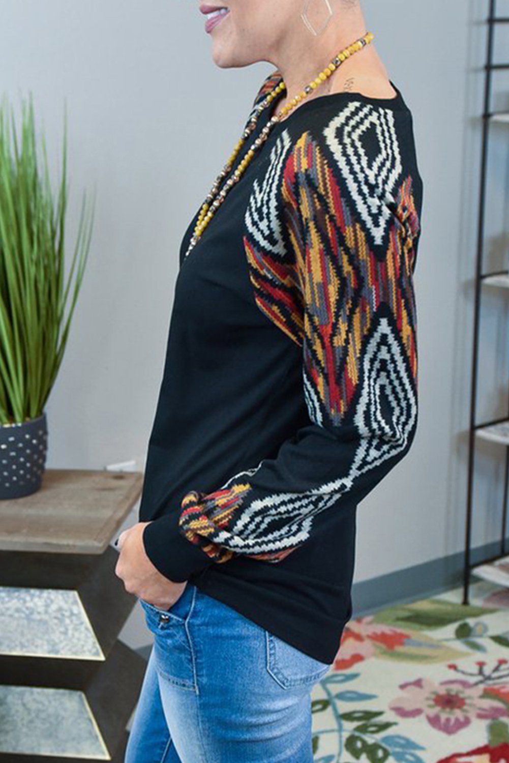 Wine Ethnic Print Raglan Top featuring ethnic print sleeves and round neck design, perfect for casual wear.