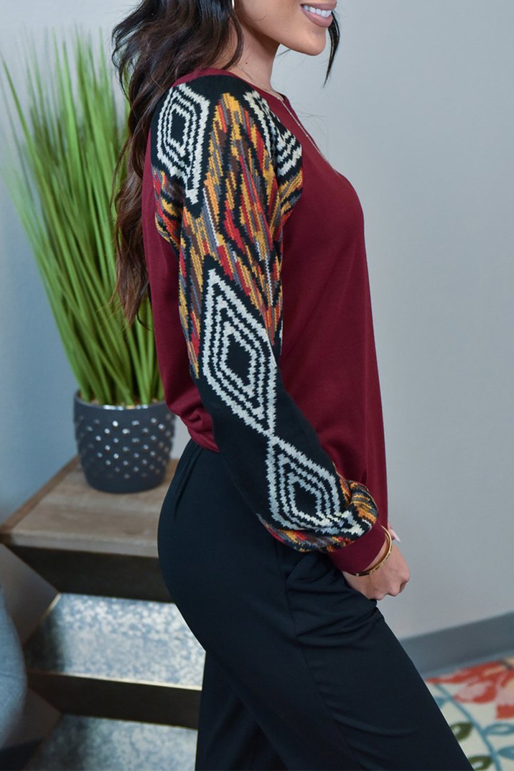 Wine Ethnic Print Raglan Top featuring ethnic print sleeves and round neck design, perfect for casual wear.