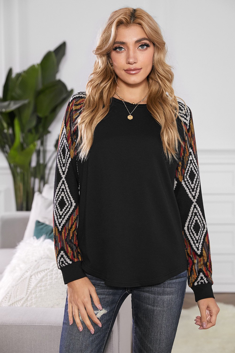 Wine Ethnic Print Raglan Top featuring ethnic print sleeves and round neck design, perfect for casual wear.