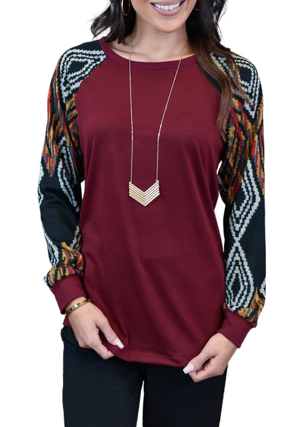 Wine Ethnic Print Raglan Top featuring ethnic print sleeves and round neck design, perfect for casual wear.