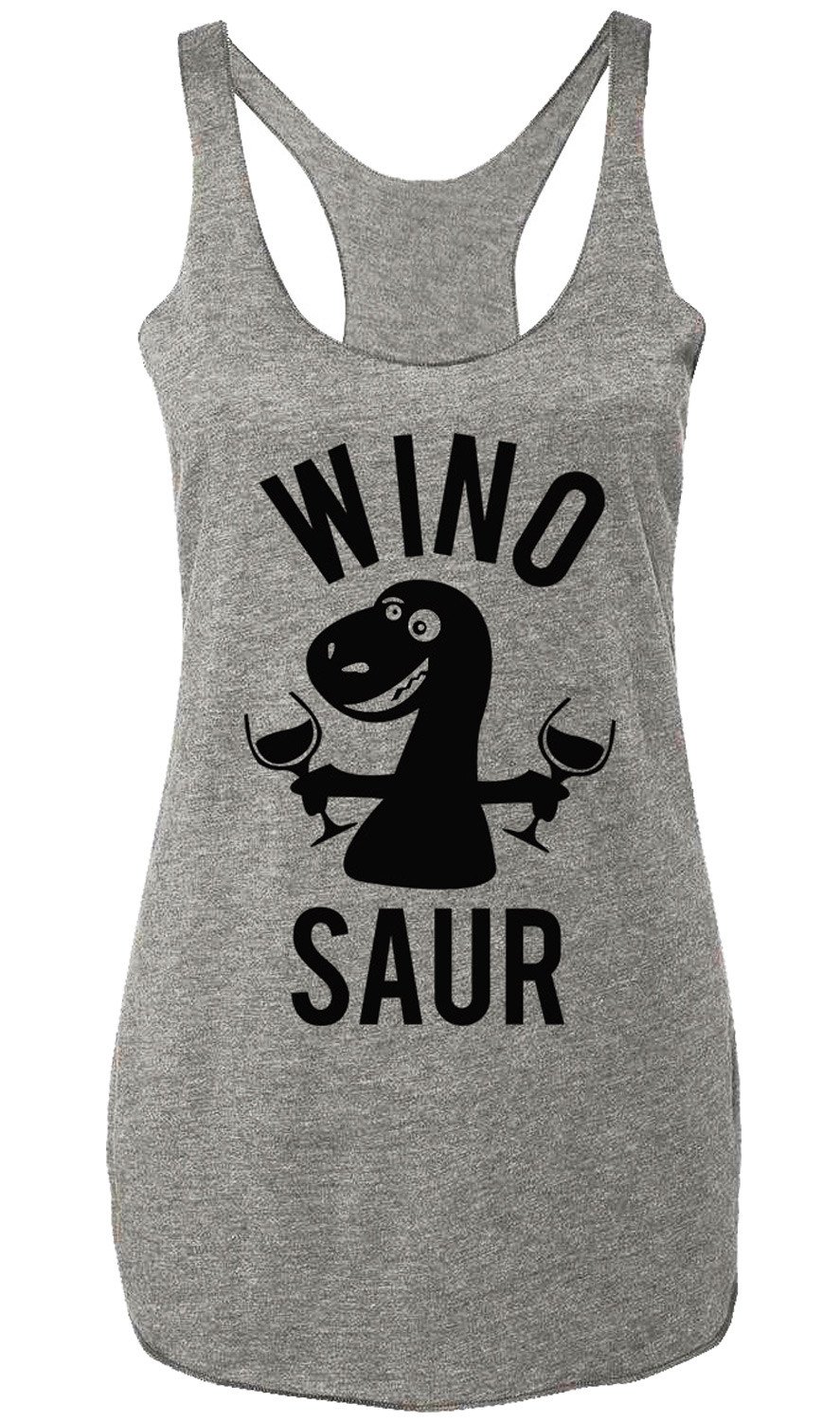 Heather gray tank top featuring a playful black print of a Winosaur, perfect for wine lovers.