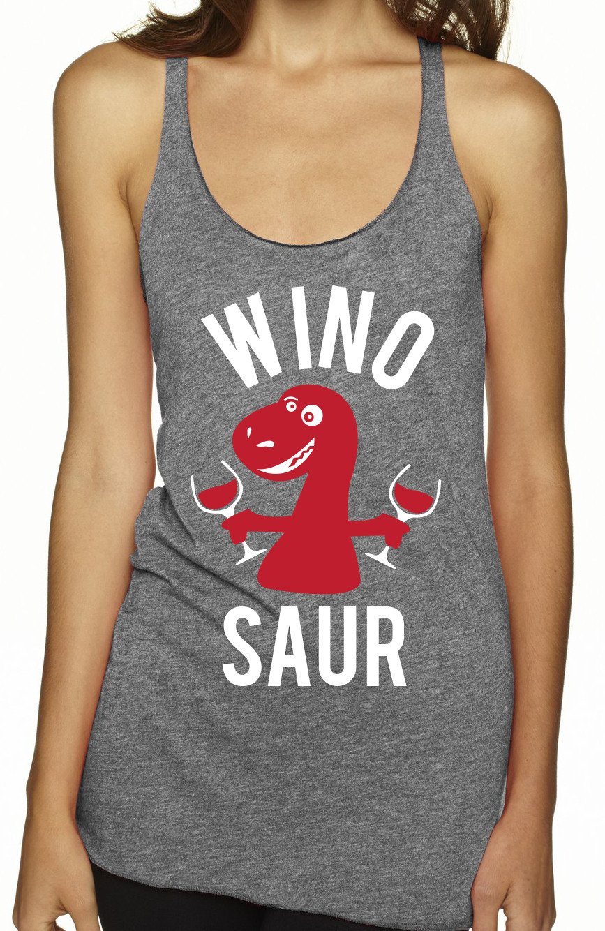 Heather gray WINO SAUR tank top featuring a playful Winosaur graphic, perfect for wine lovers.