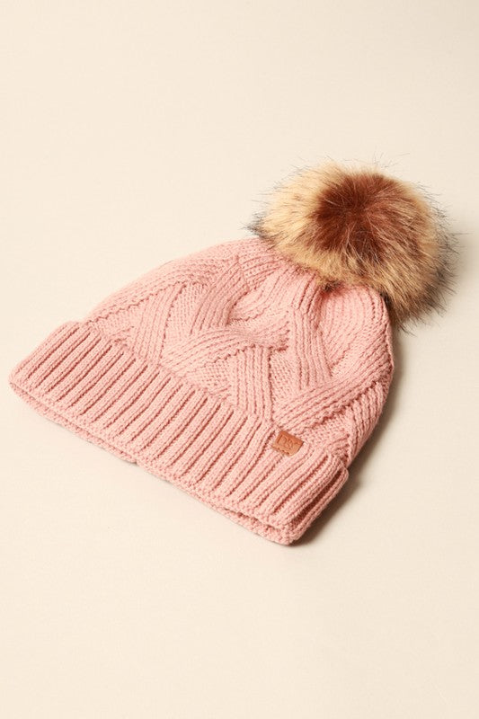 Winter Satin Lined Chevron Knit Beanie Hat with pom pom, featuring a stylish chevron knit pattern and soft satin lining.