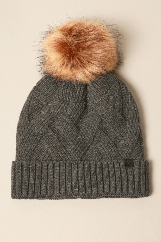 Winter Satin Lined Chevron Knit Beanie Hat with pom pom, featuring a stylish chevron knit pattern and soft satin lining.