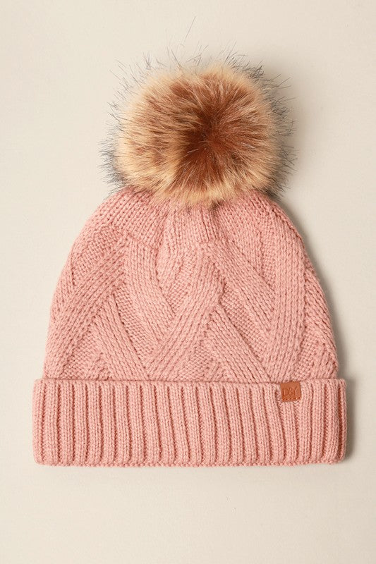 Winter Satin Lined Chevron Knit Beanie Hat with pom pom, featuring a stylish chevron knit pattern and soft satin lining.