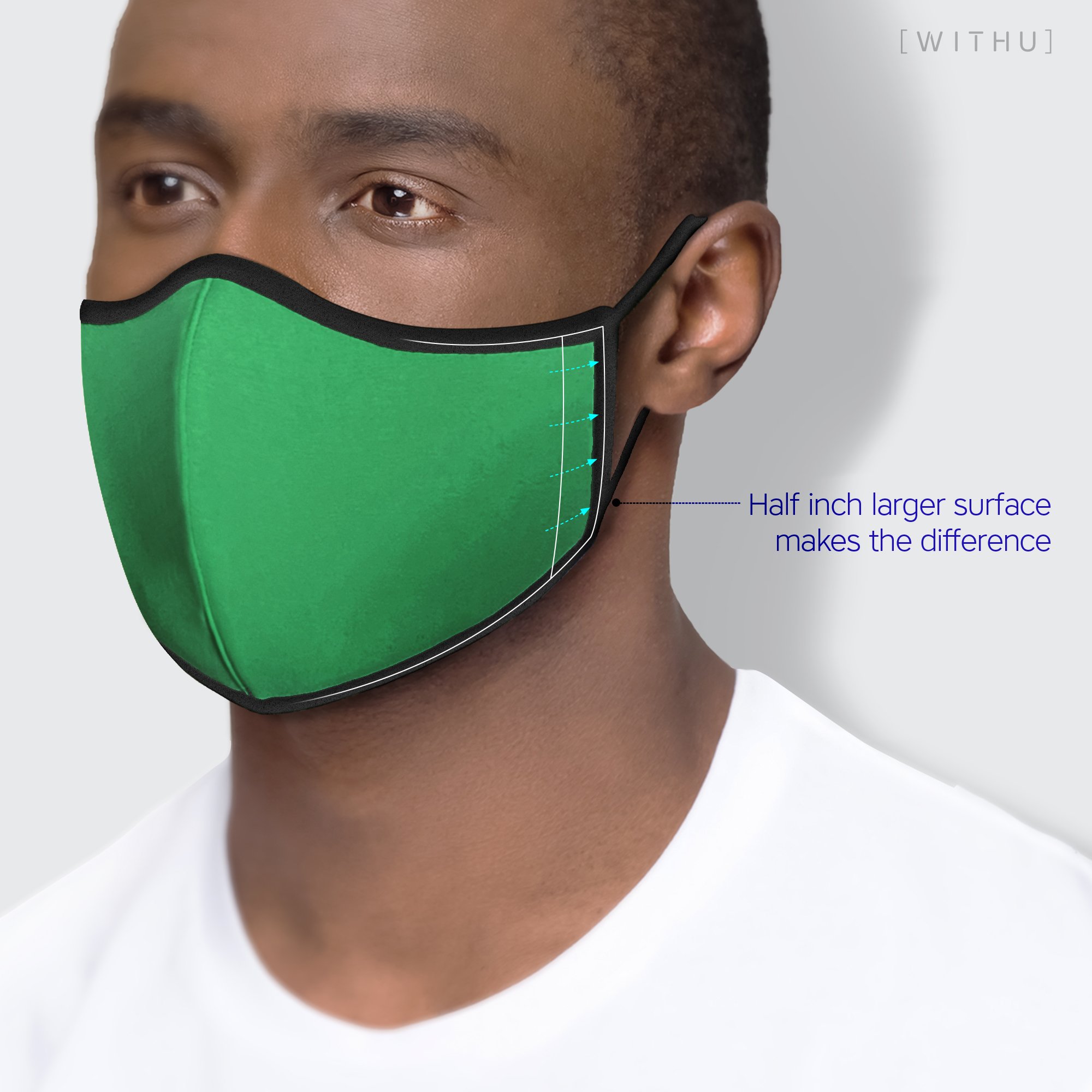 WITH U Washable Reusable Face Masks featuring a three-layer design with adjustable ear loops, made from high-quality polyester and cotton blend.