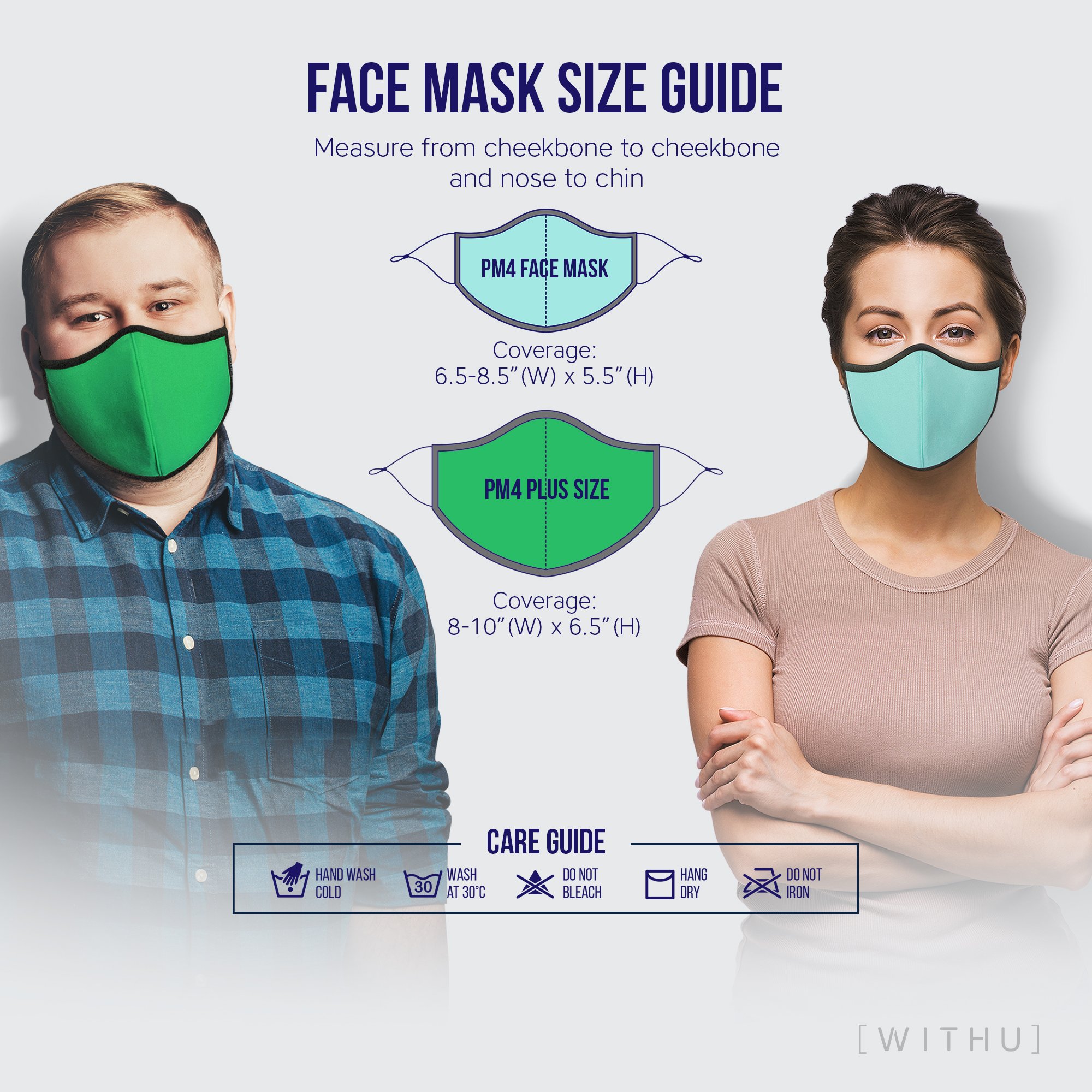 WITH U Washable Reusable Face Masks featuring a three-layer design, adjustable ear loops, and high-quality fabric, suitable for men and women.