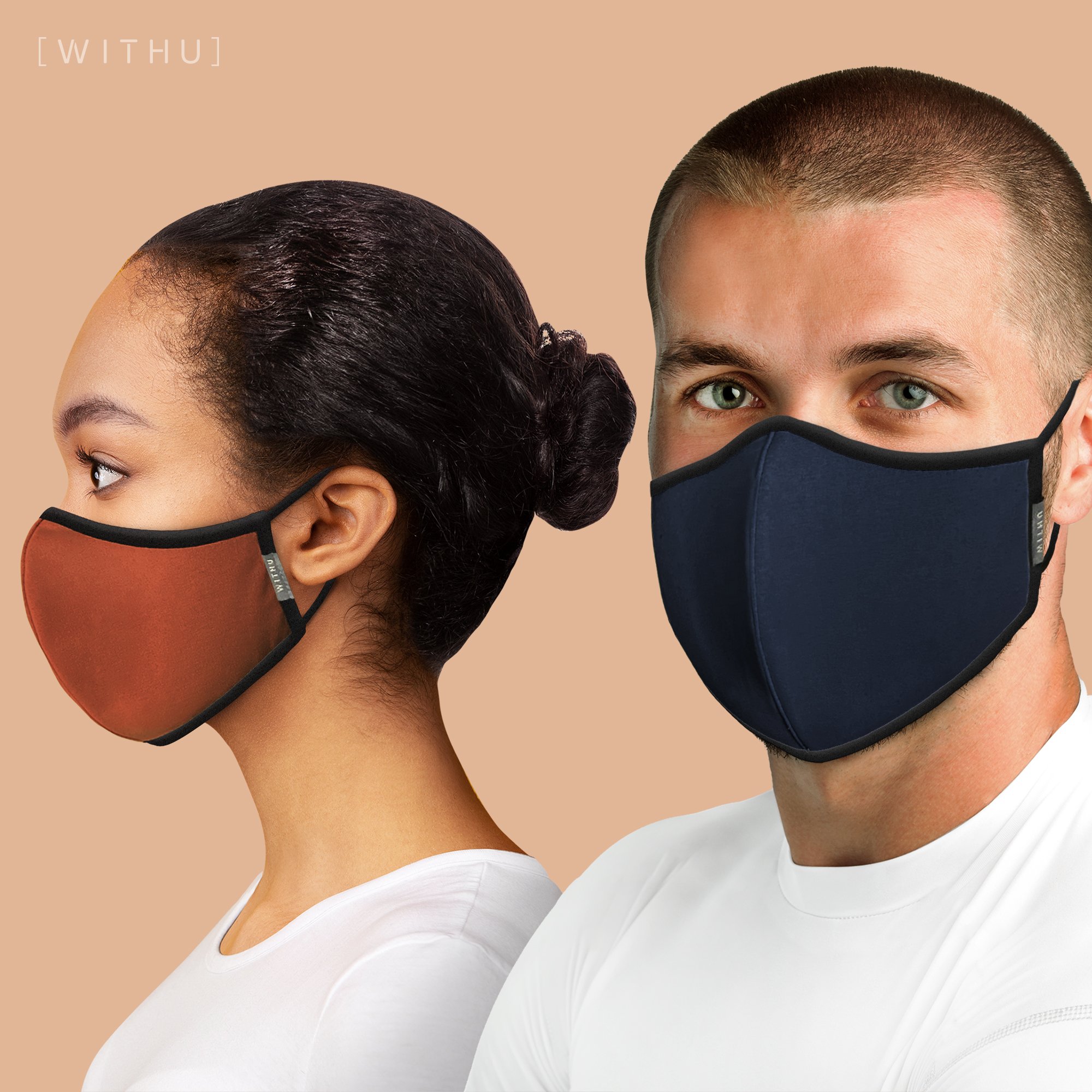 WITH U Washable Reusable Face Masks featuring a three-layer design with adjustable ear loops, made from high-quality polyester and cotton blend.