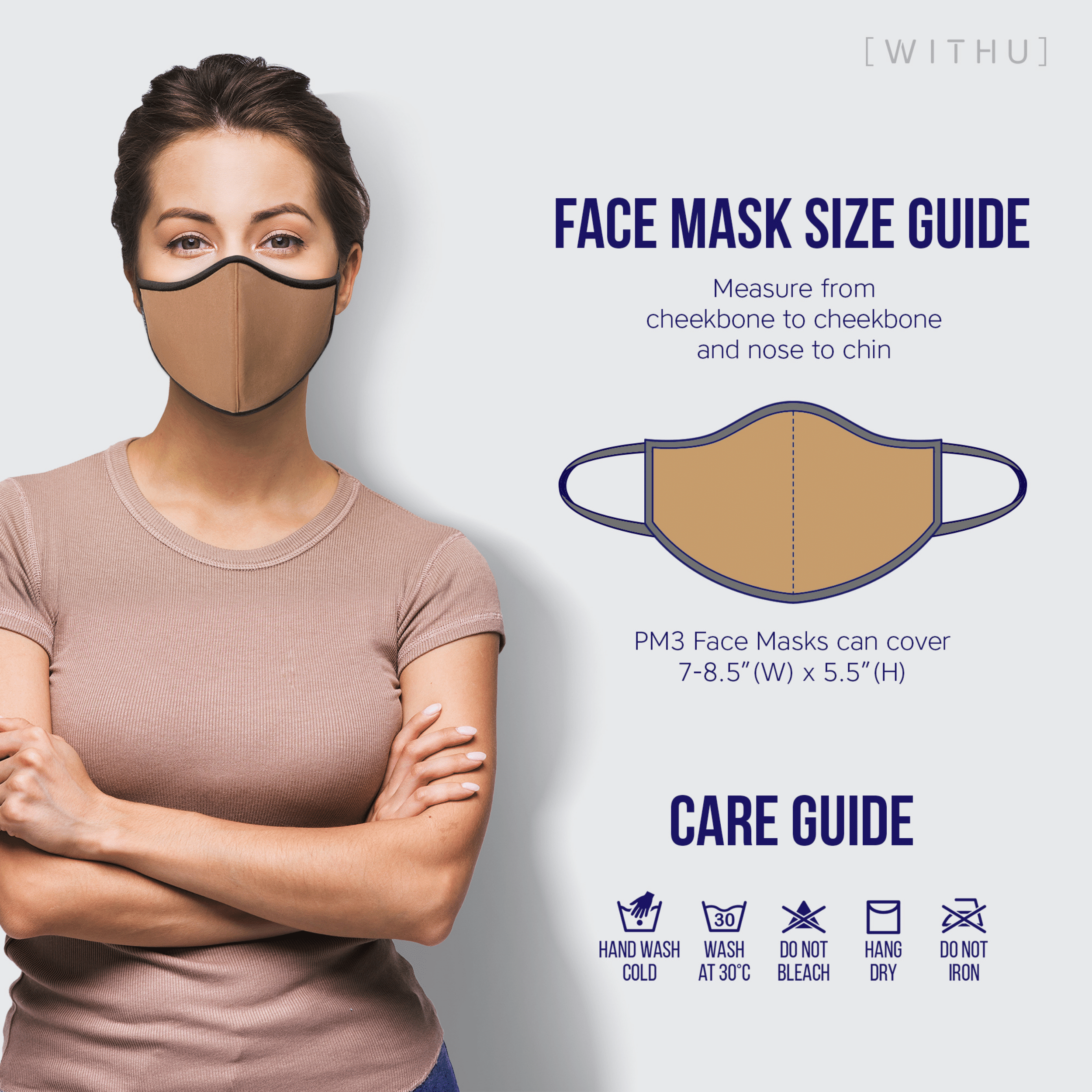 WITH U Washable Reusable Face Masks featuring a three-layer design with adjustable ear loops, made from high-quality polyester and cotton blend.