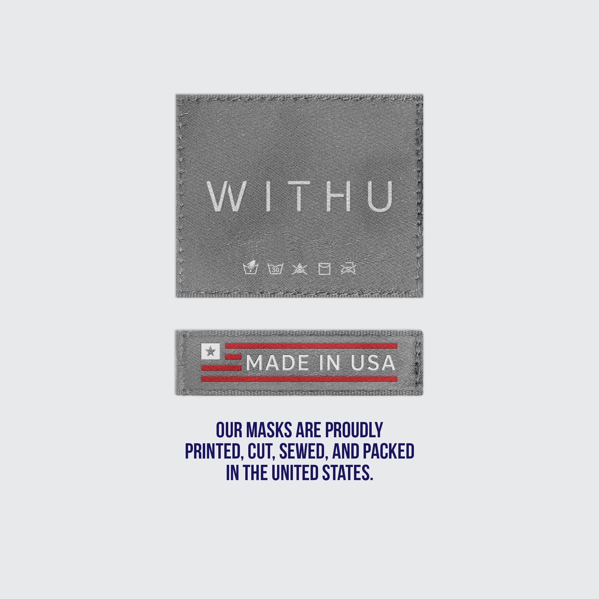 WITH U Washable Reusable Face Masks featuring a three-layer design and adjustable ear loops, made from high-quality materials in the USA.