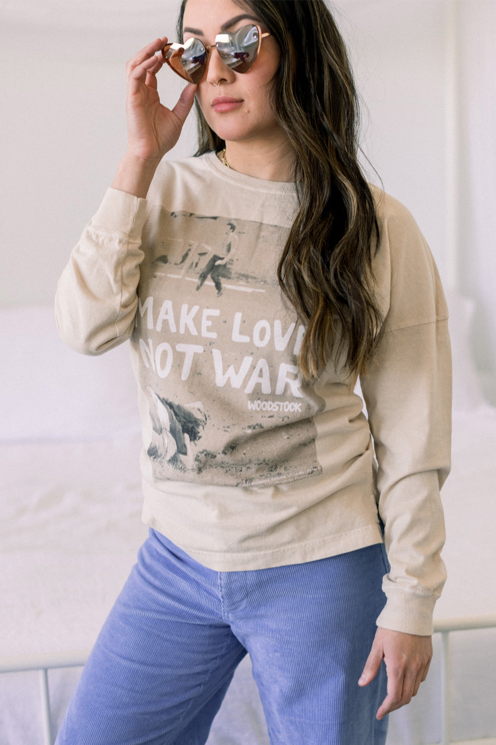 Woodstock Lover Long Sleeve shirt in Mint and Ivory colors, featuring a bold print with a message of love and peace.