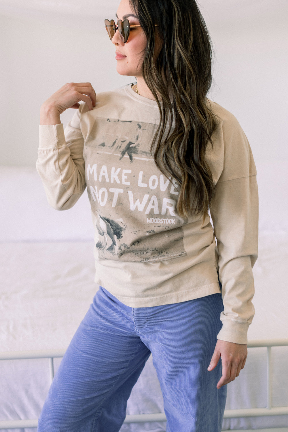 Woodstock Lover Long Sleeve shirt in Mint and Ivory colors, featuring a bold print with a message of love and peace.