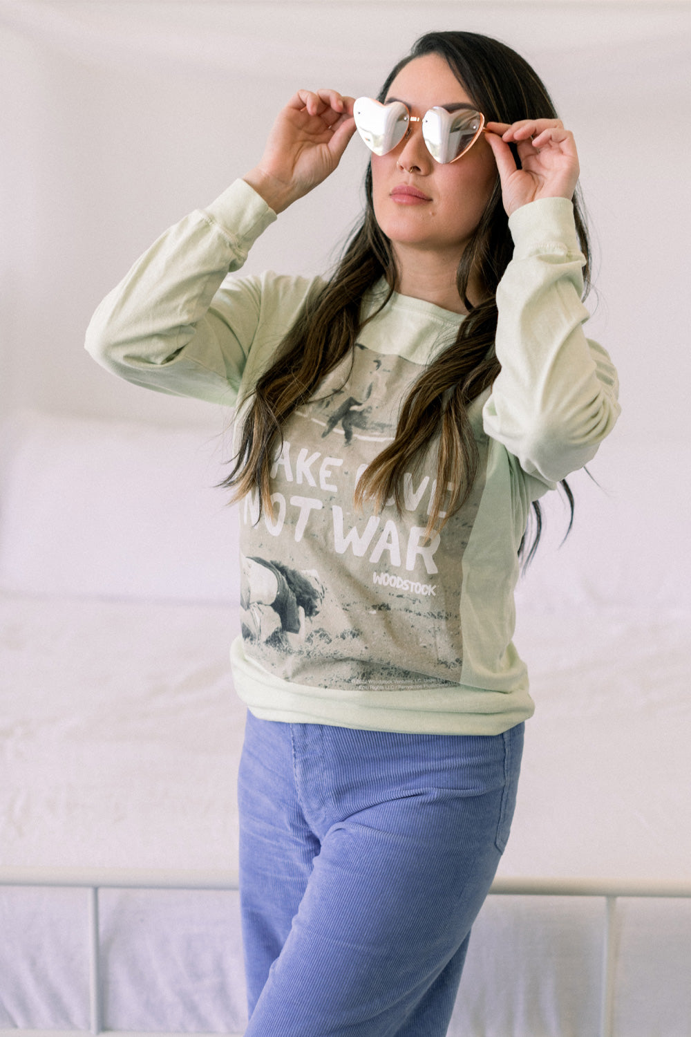 Woodstock Lover Long Sleeve shirt in Mint and Ivory colors, featuring a bold print with a message of love and peace.