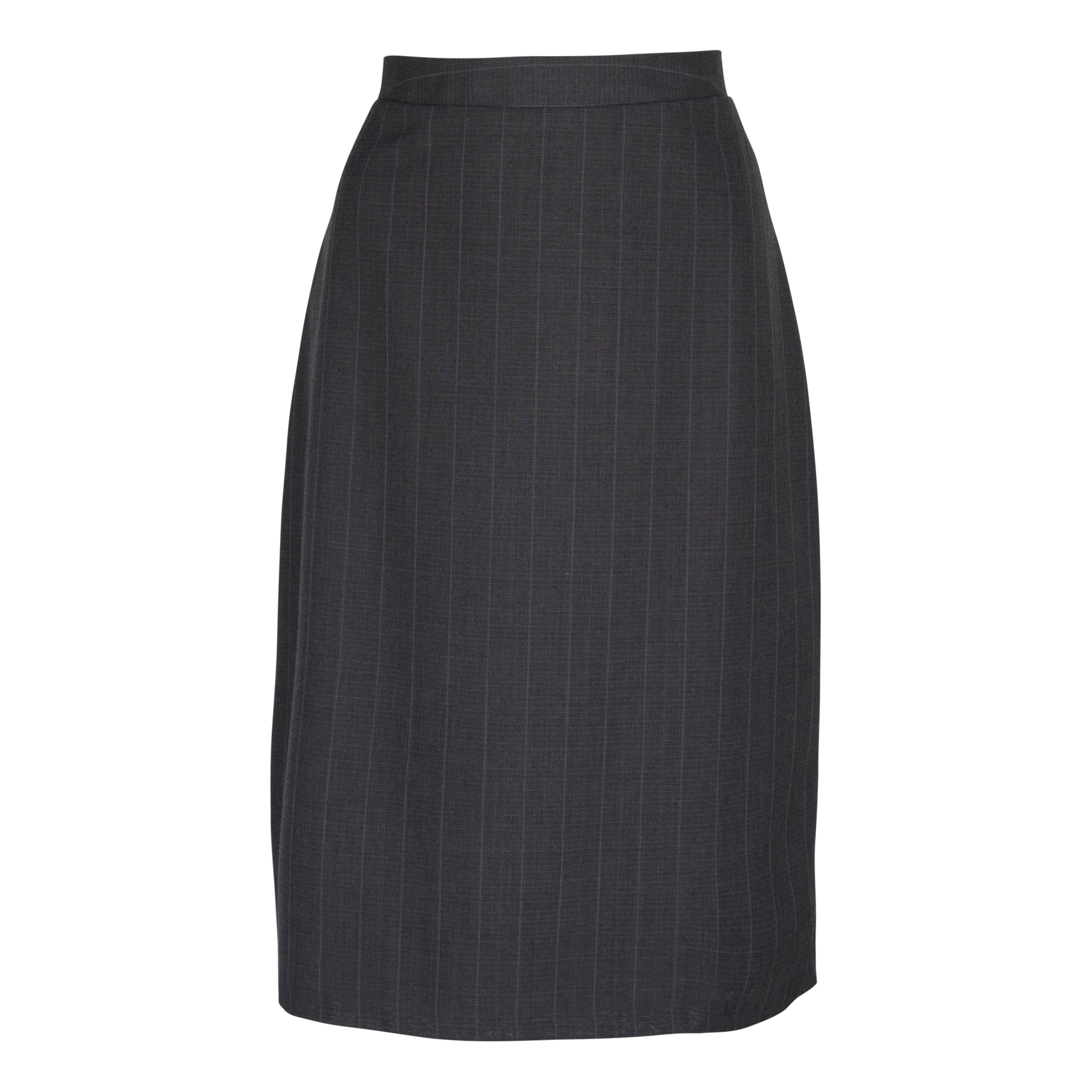 A luxurious gray wool pencil skirt displayed on a mannequin, showcasing its elegant design and soft fabric.