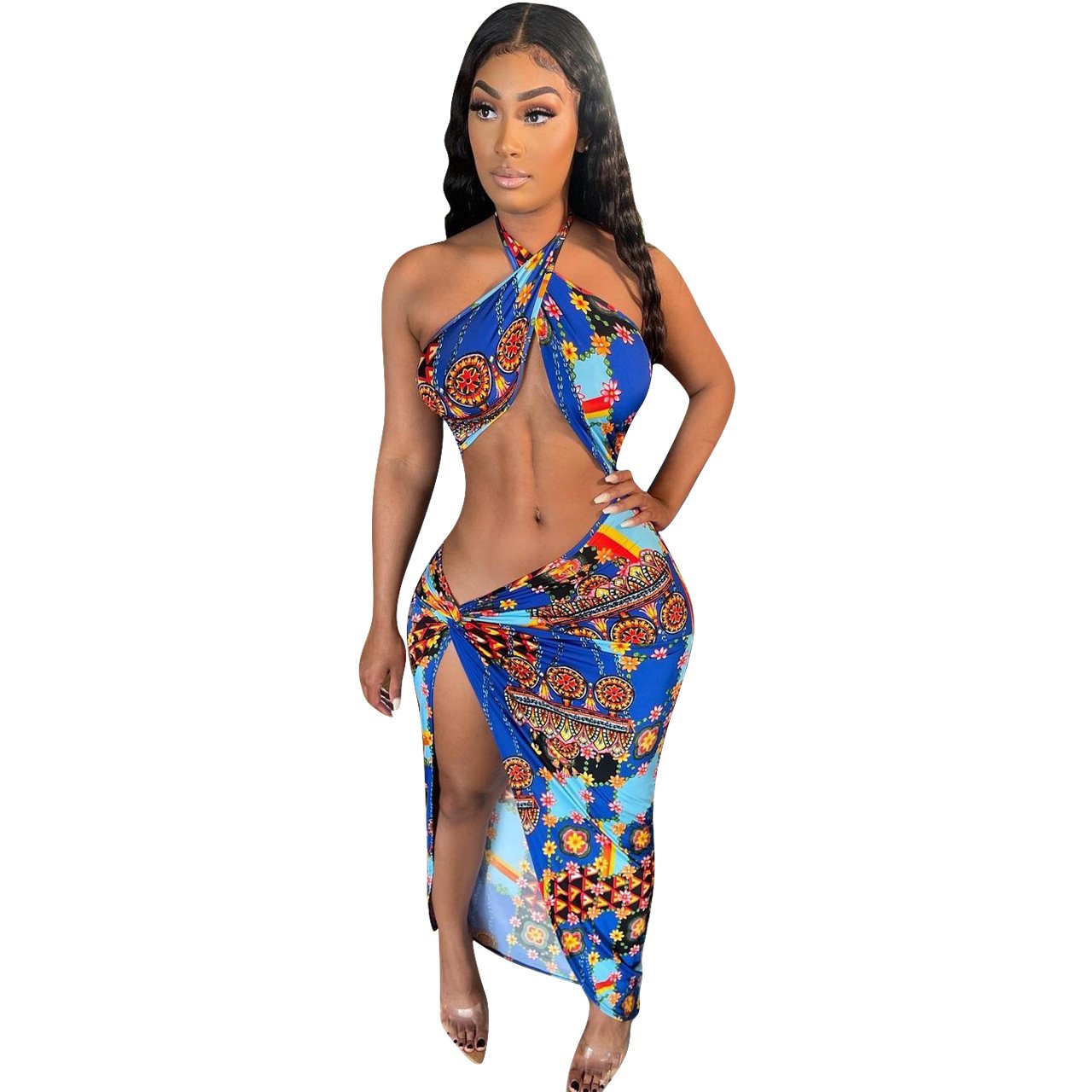 Women wearing a stylish irregular slit halter top with vibrant printed patterns, showcasing a navel-exposed design.