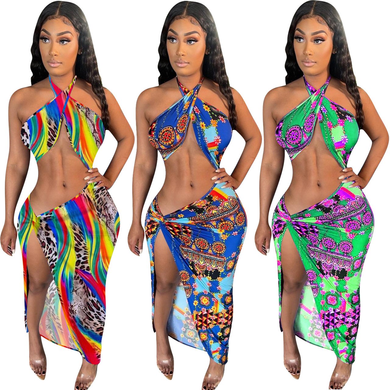 Women wearing a stylish irregular slit halter top with vibrant printed patterns, showcasing a navel-exposed design.