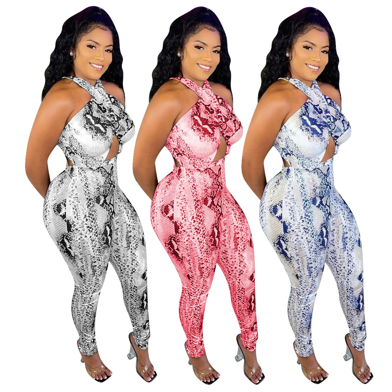 A stylish women's halter jumpsuit featuring a sexy snakeskin pattern, perfect for various occasions.