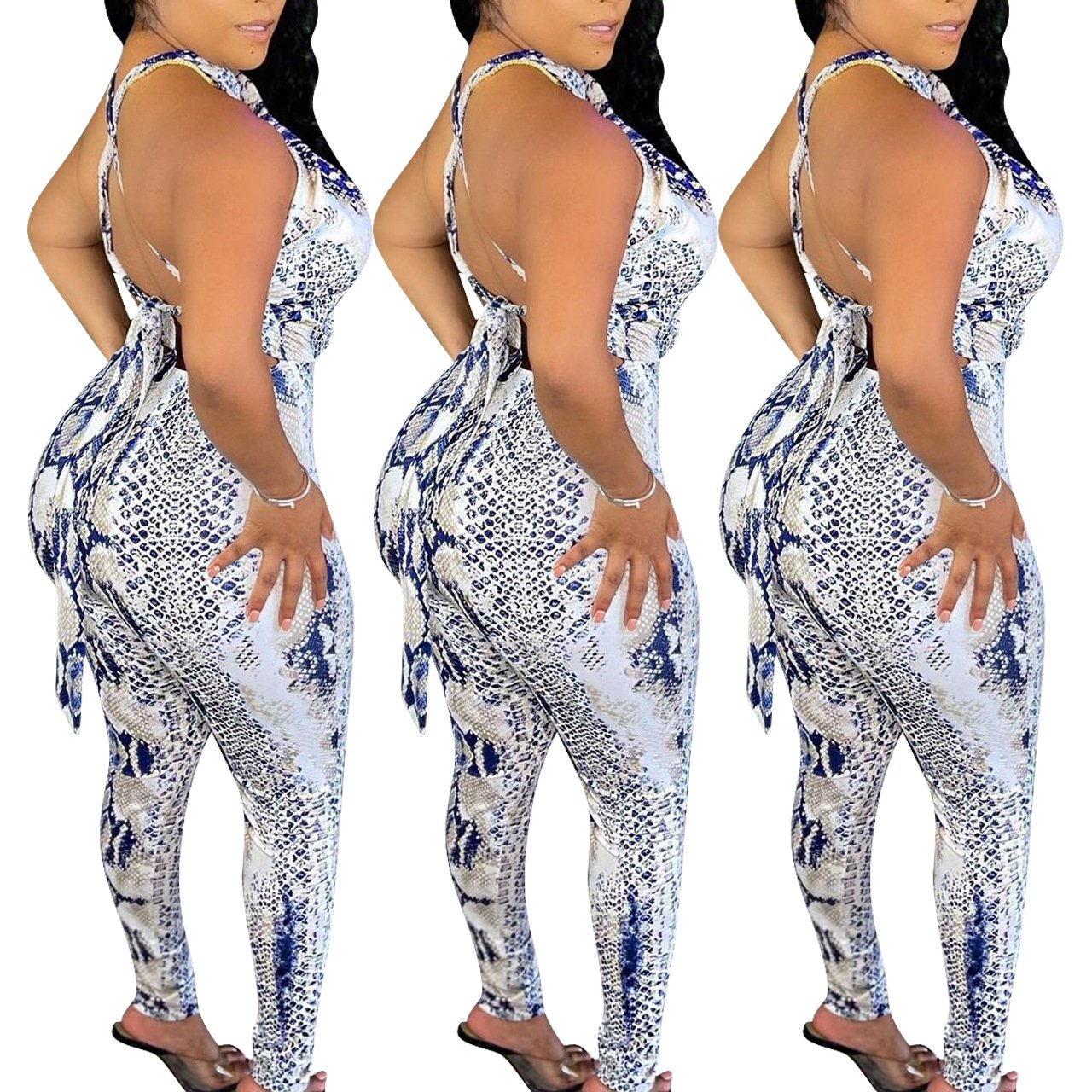 A stylish women's halter jumpsuit featuring a sexy snakeskin pattern, perfect for various occasions.