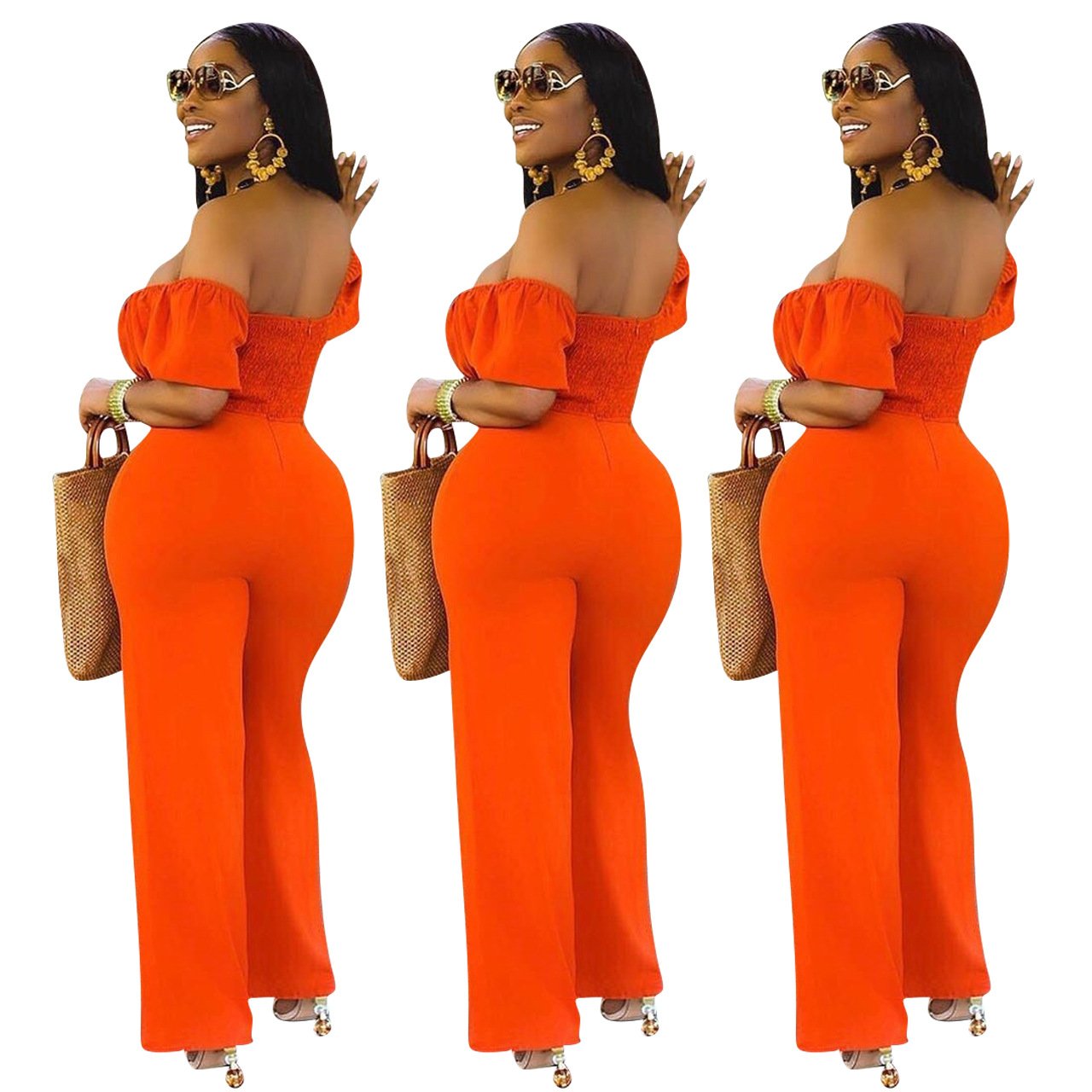 A stylish woman wearing a solid color backless off shoulder jumpsuit, showcasing its elegant design and comfortable fit.