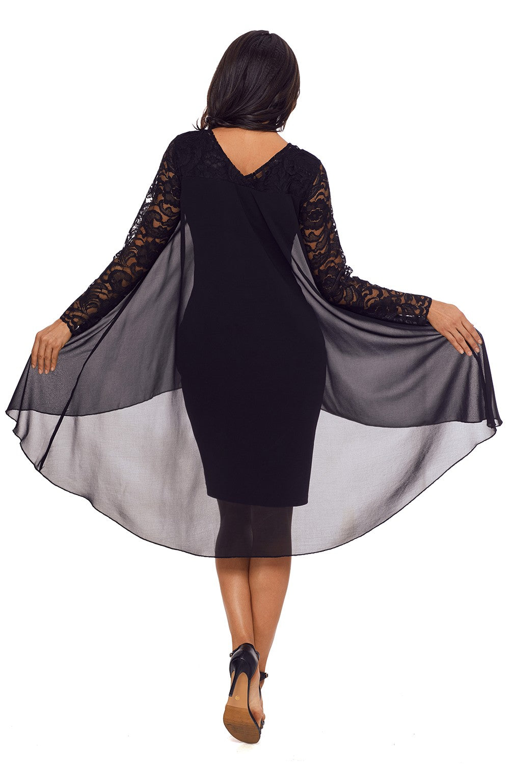 Elegant black knee-length dress with lace sleeves and asymmetric cut, perfect for special occasions.