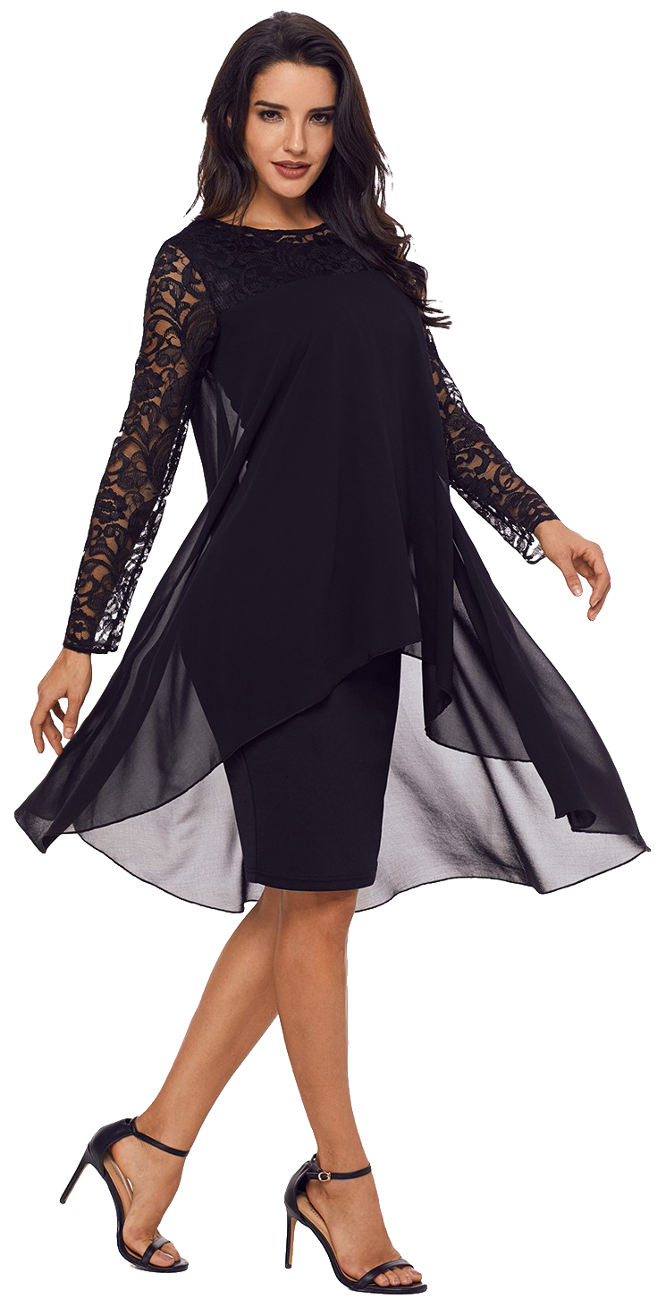 Elegant black knee-length dress with lace sleeves and asymmetric cut, perfect for special occasions.