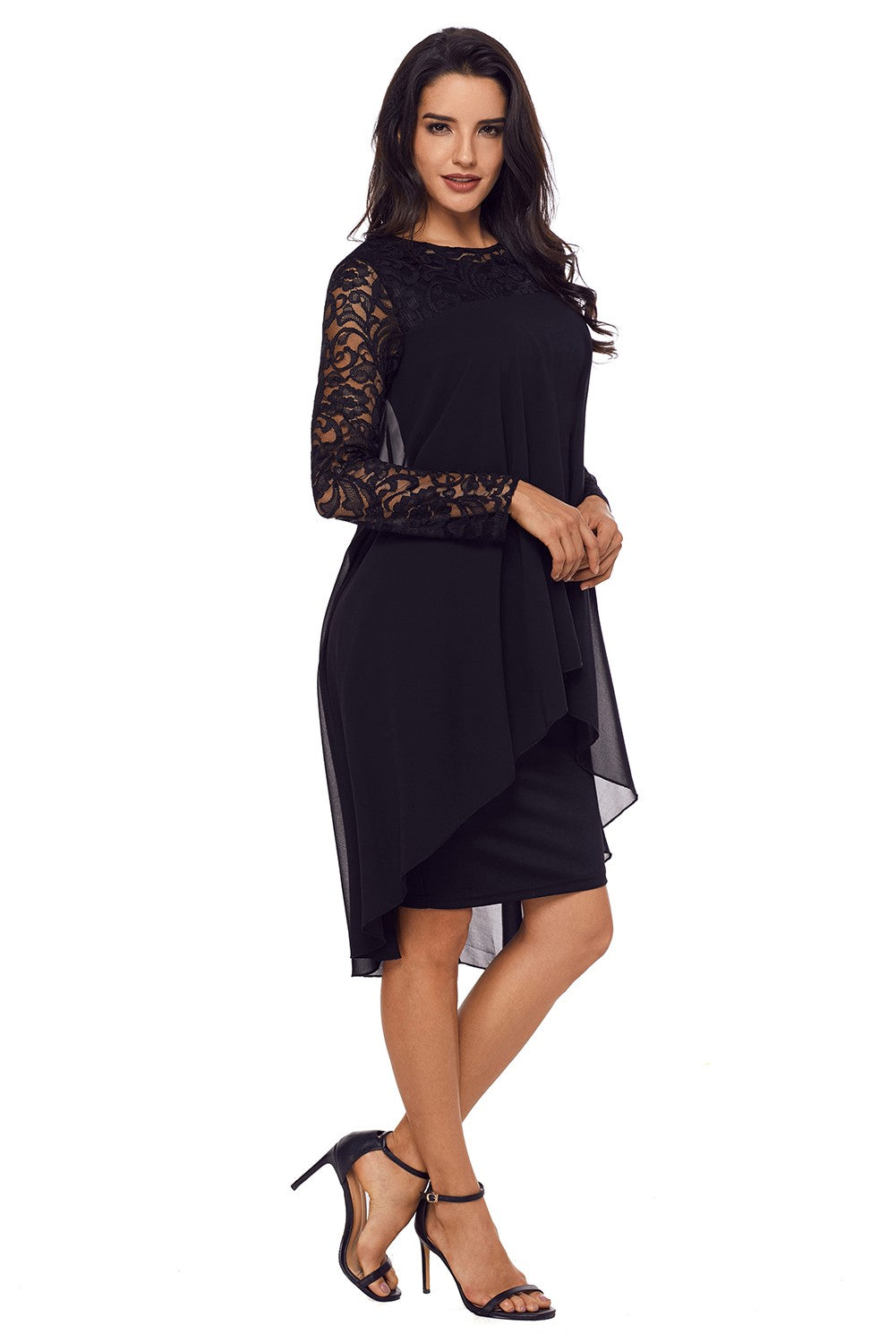 Elegant black knee-length dress with lace sleeves and asymmetric cut, perfect for special occasions.