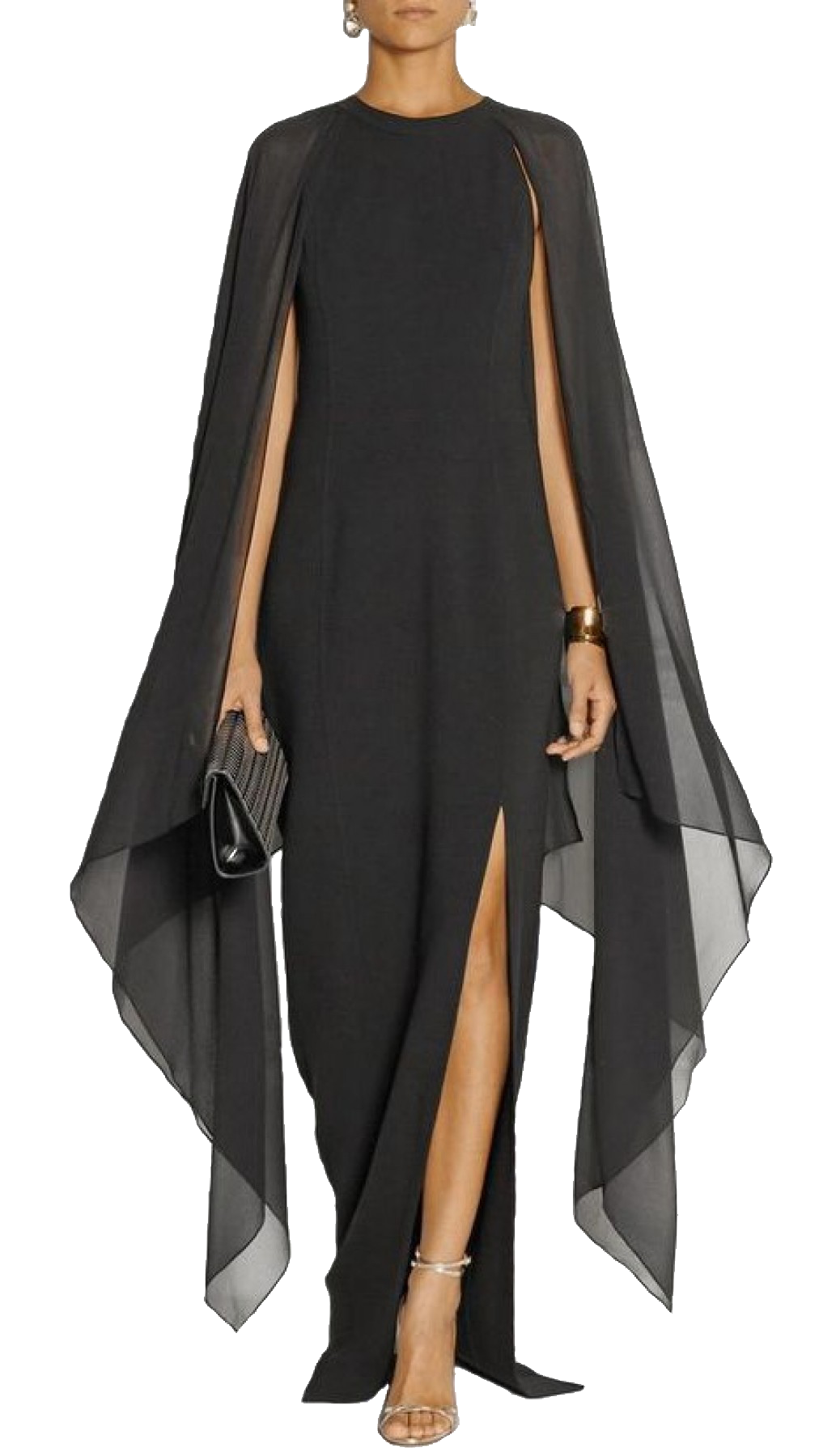 Elegant black long dress for women with translucent side panels and a side split, showcasing modern fashion design.