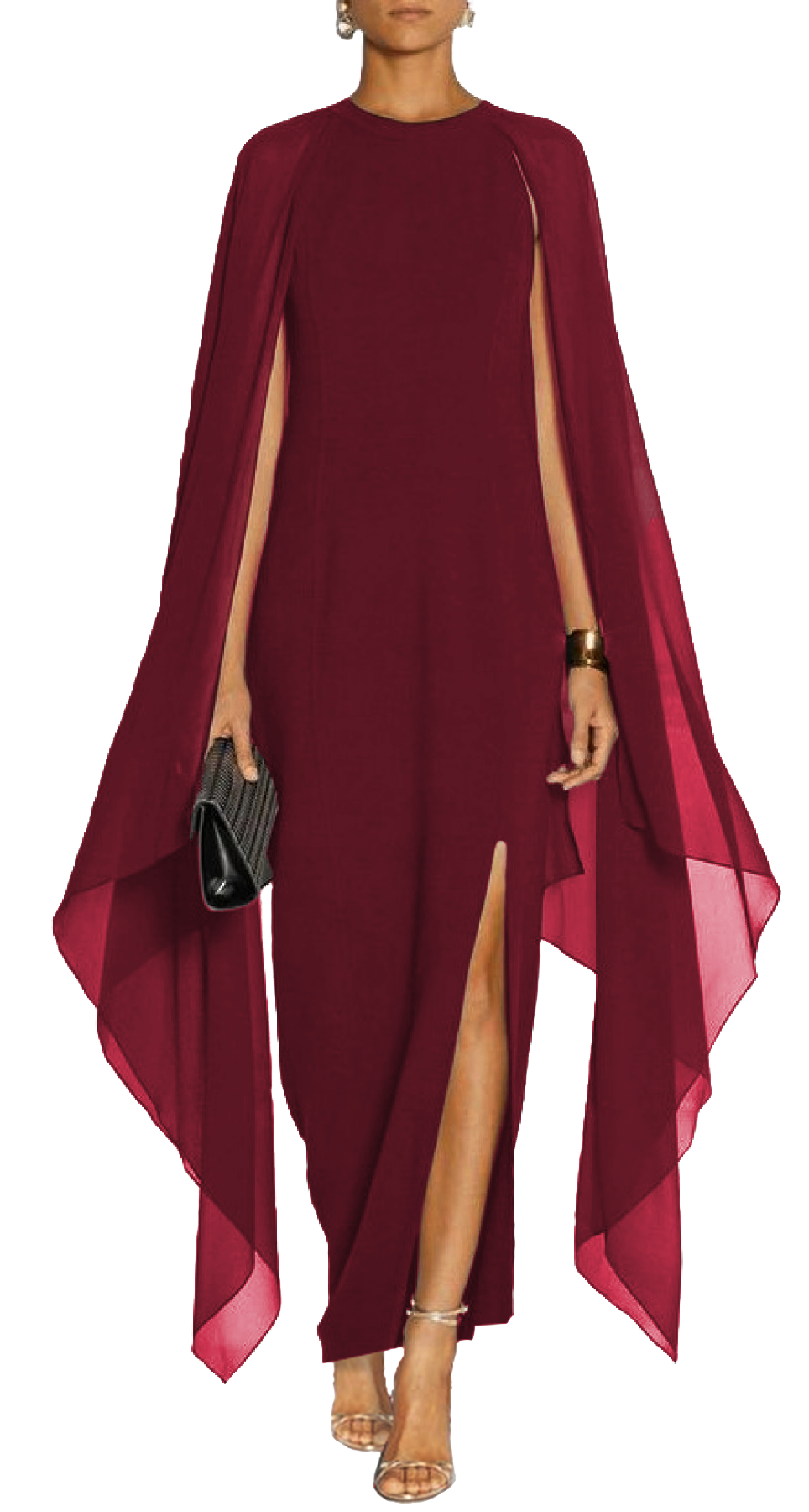 Elegant long women dress in bordo color with translucent side panels and round collar.