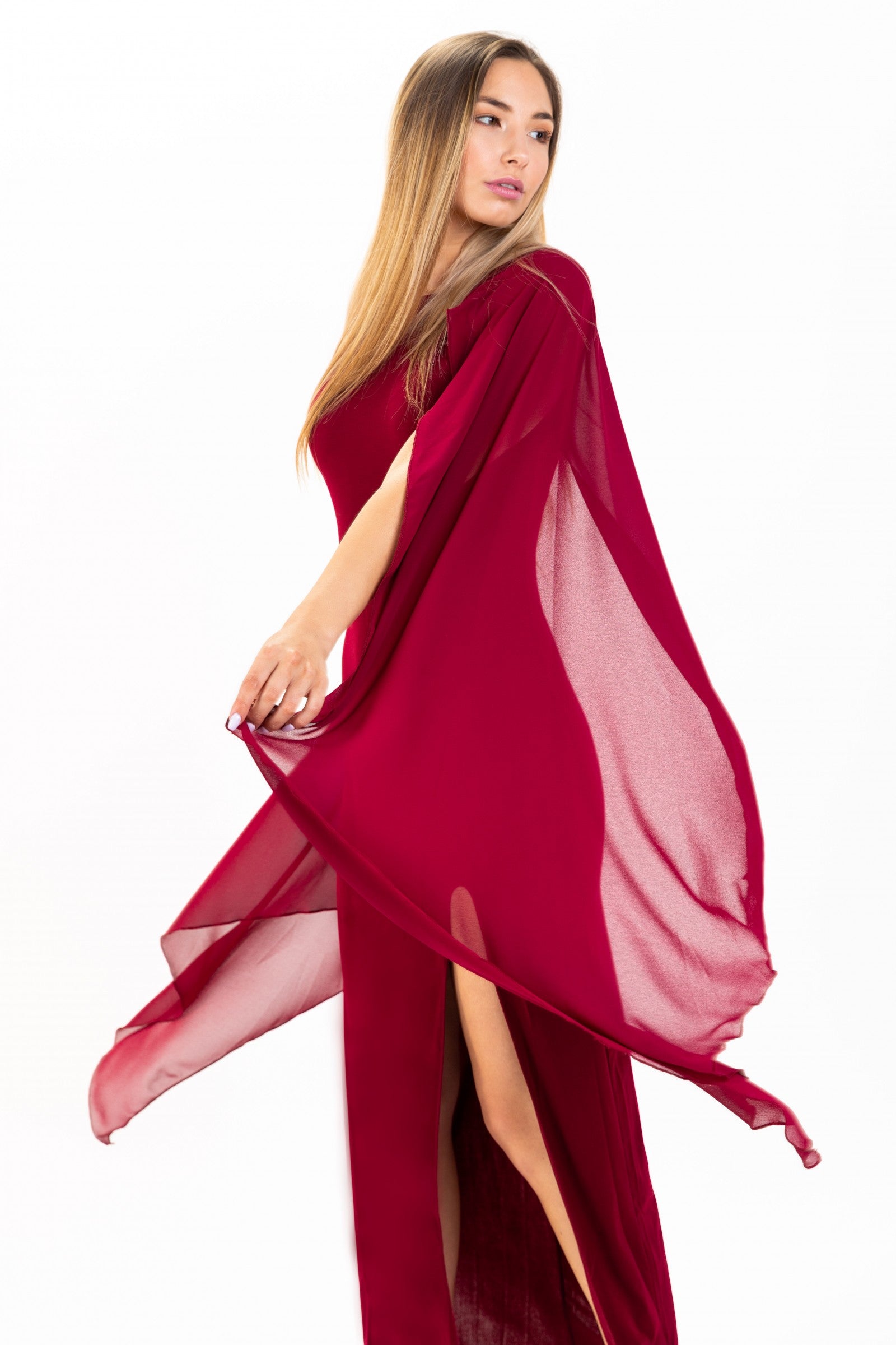 Elegant long bordo dress for women with translucent side panels and round collar, featuring an invisible zipper at the back.