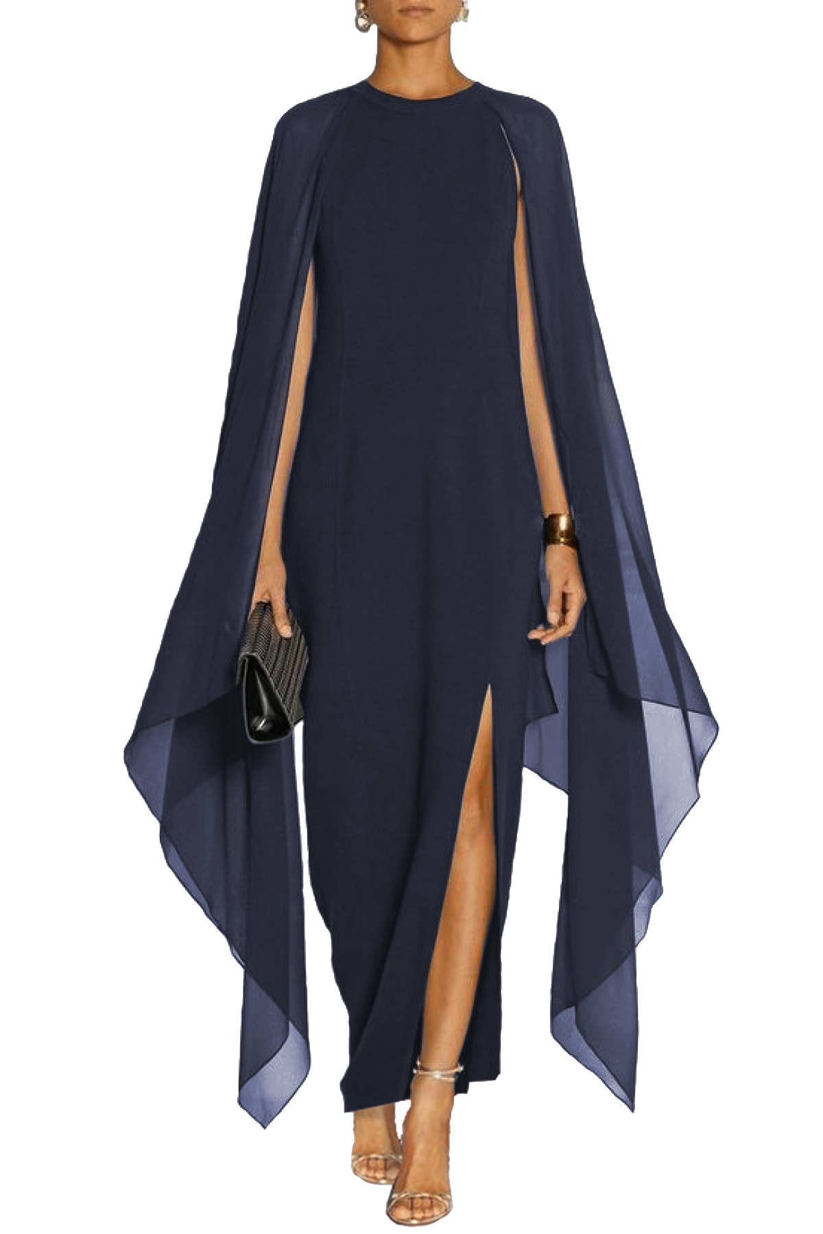 Elegant dark blue long dress for women with translucent side panels and round collar.