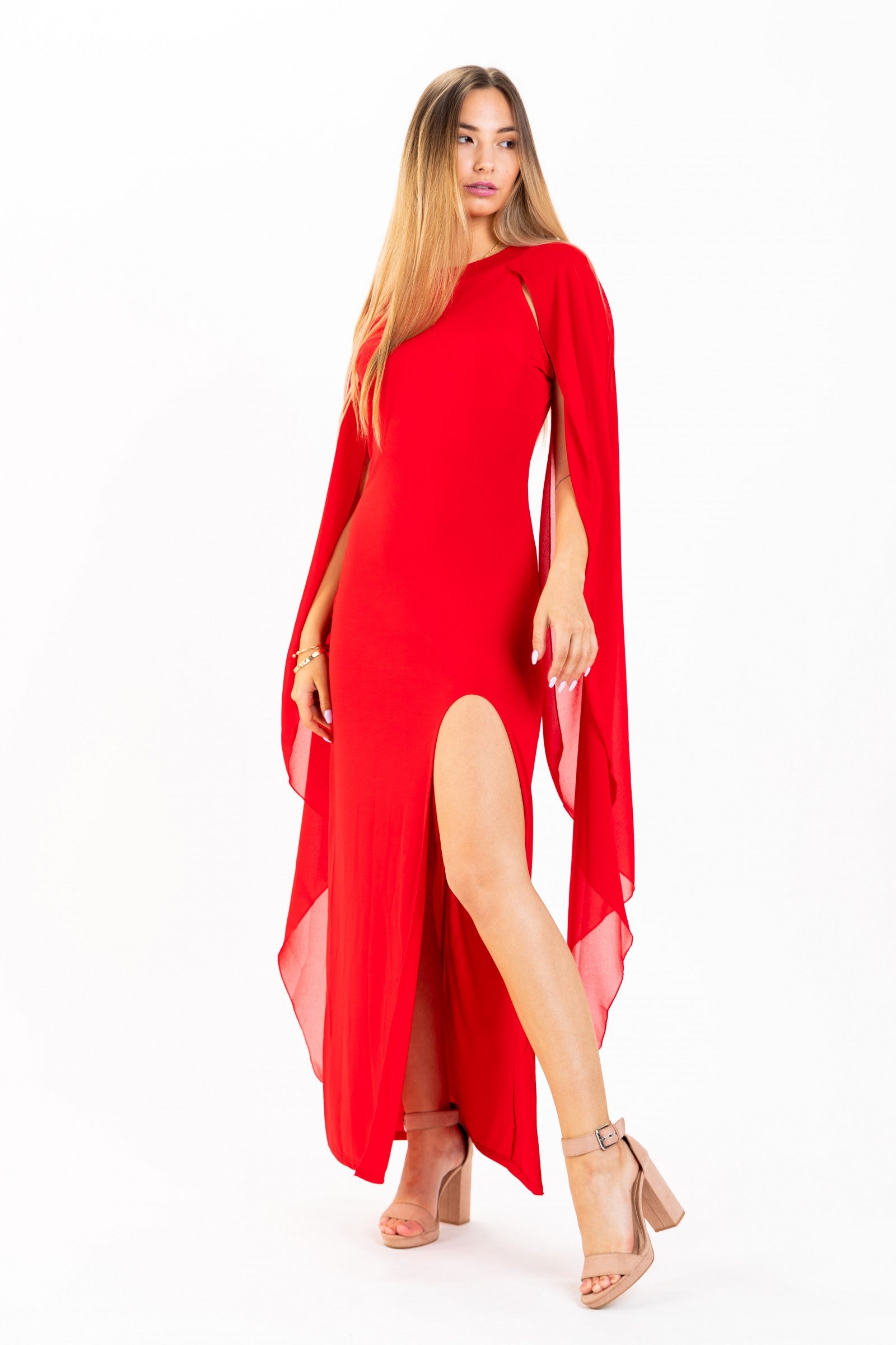 Elegant long red dress for women with translucent side panels and round collar, featuring an invisible zipper at the back.