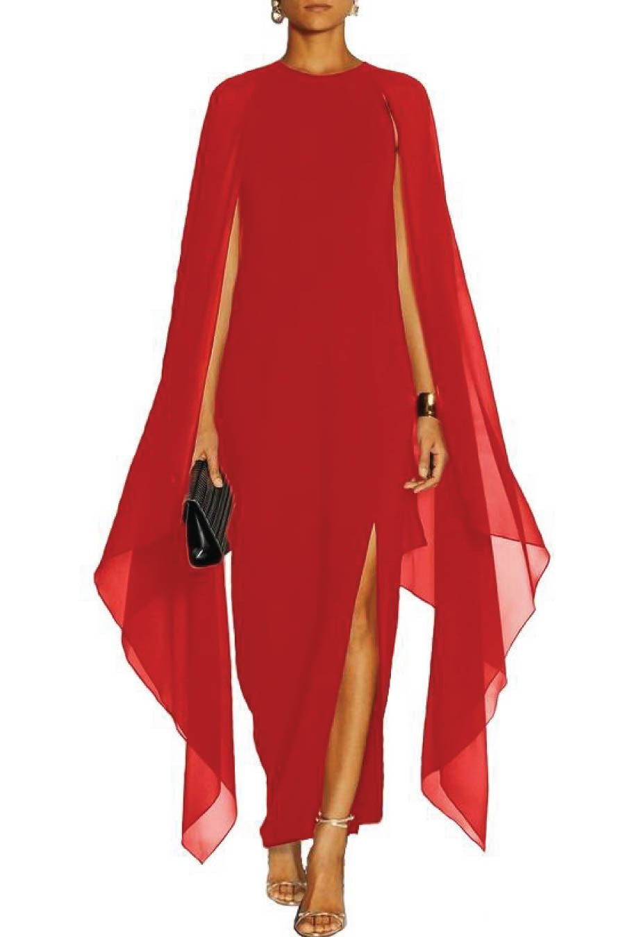 Elegant long red dress for women with translucent side panels and round collar.