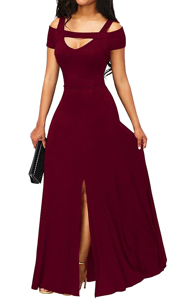 Elegant WOMEN DRESS NESSA in Bordo, featuring a beautiful cleavage design, open shoulders, and short sleeves, perfect for special occasions.