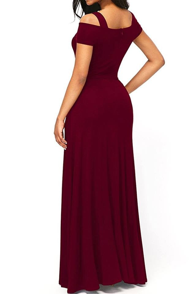 Elegant long Bordo dress for women with short sleeves, open shoulder design, and side cutout, featuring an invisible zipper at the back.