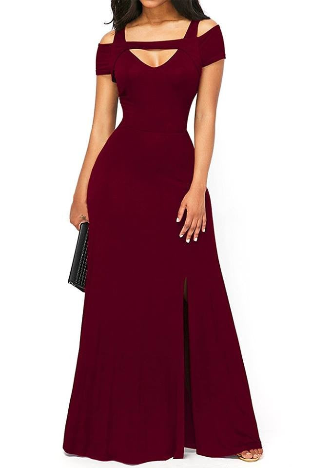 Elegant long Bordo dress for women with short sleeves, open shoulder design, and side cutout, featuring an invisible zipper at the back.