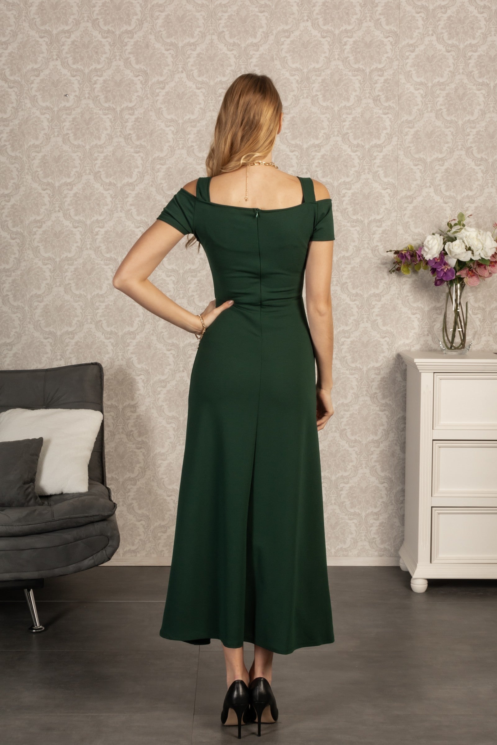 Elegant green long dress for women with lace neck design, short sleeves, and open shoulder cut, perfect for special occasions.