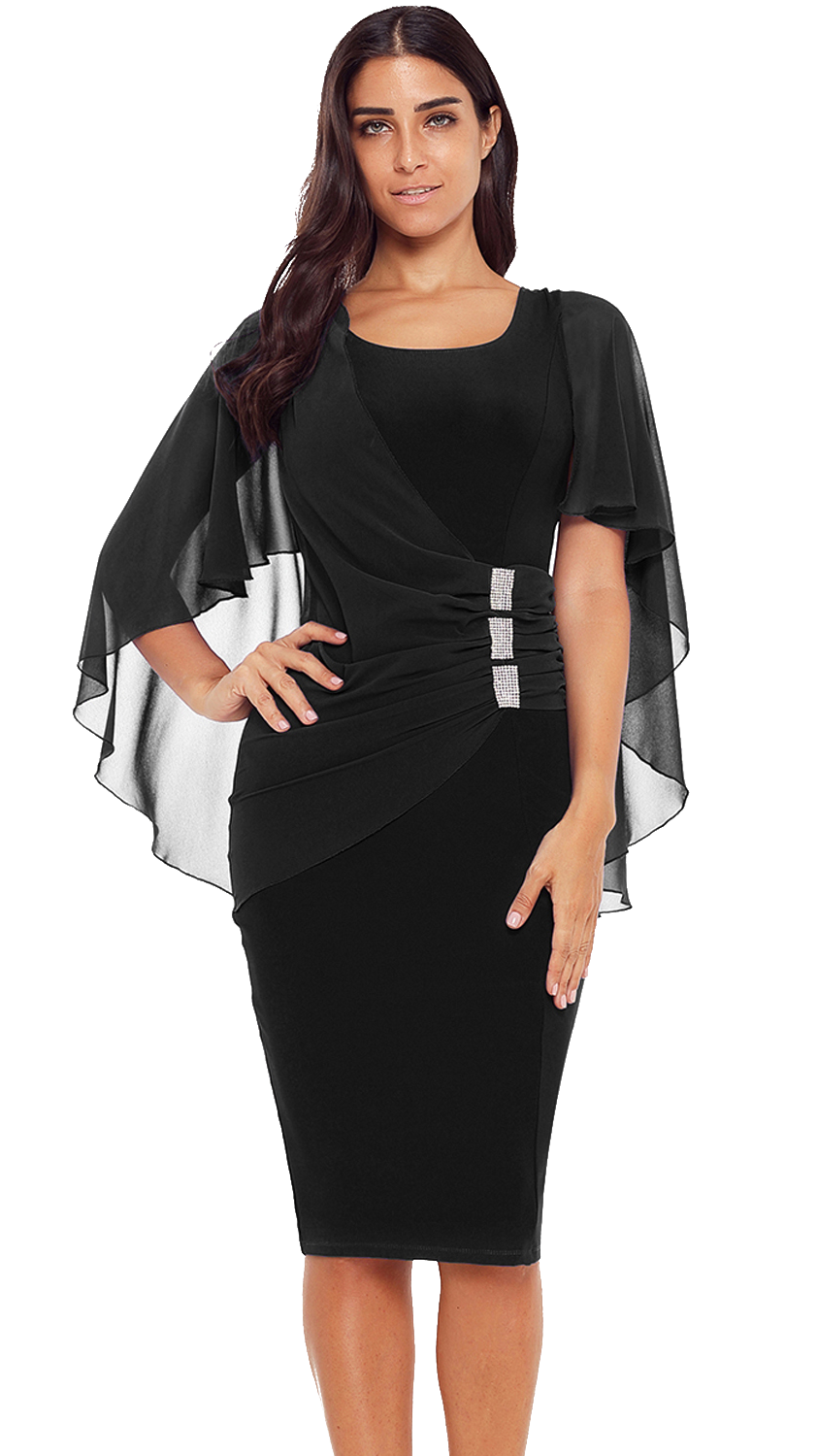 WOMEN DRESS PAIGE in black, featuring sleeveless design, translucent sleeves, and fashionable front detail.