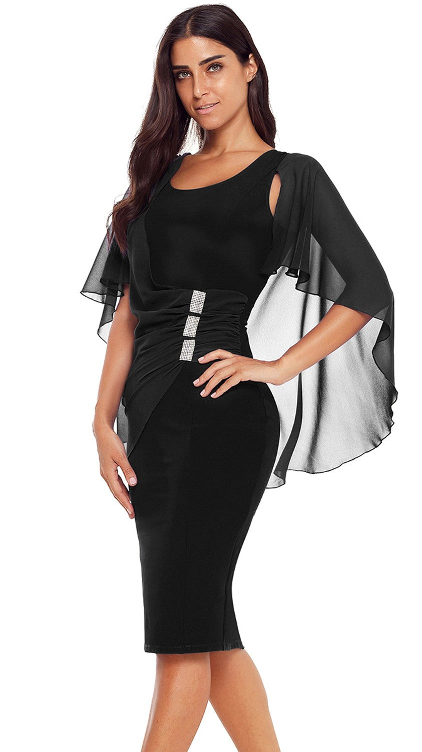 WOMEN DRESS PAIGE in black featuring sleeveless design, translucent sleeves, and fashionable front detail, knee-length with back zipper.