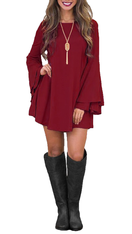 WOMEN DRESS RANIA in Bordo featuring elegant bell sleeves and unique back design, perfect for modern fashion.