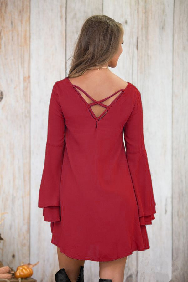 WOMEN DRESS RANIA in Bordo featuring elegant design, beel sleeves, and unique back detail.