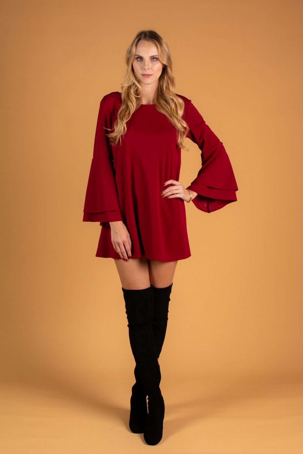 WOMEN DRESS RANIA in Bordo featuring elegant design, beel sleeves, and unique back detail.