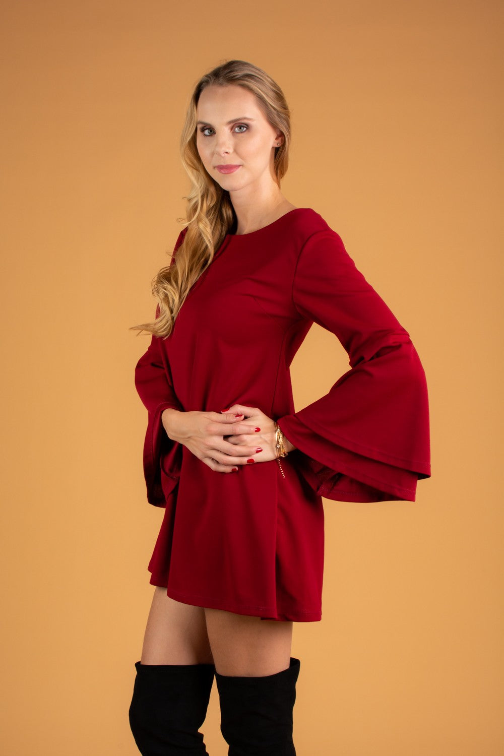 WOMEN DRESS RANIA in Bordo featuring elegant design, beel sleeves, and unique back detail.