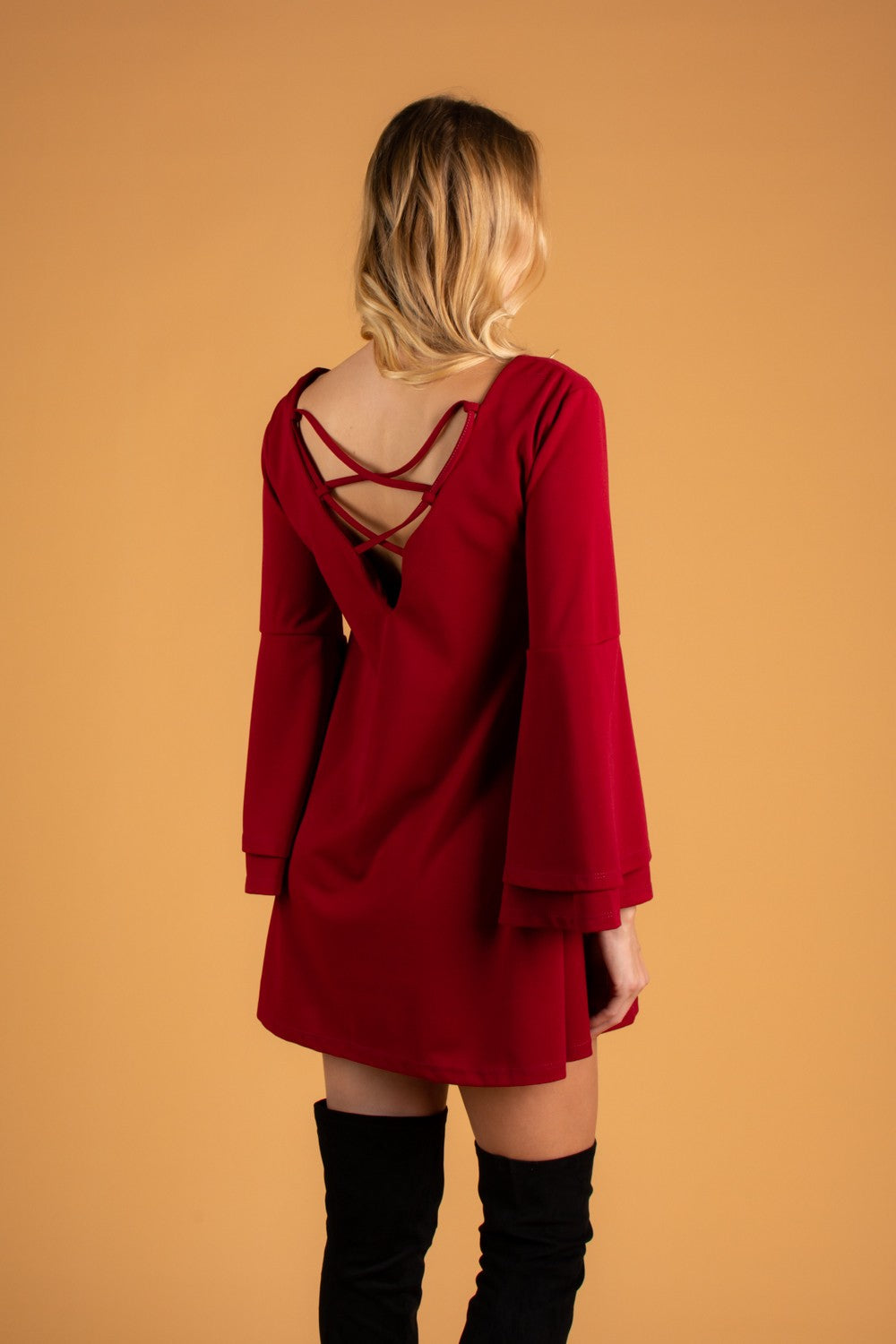 WOMEN DRESS RANIA in Bordo featuring elegant design, beel sleeves, and unique back detail.